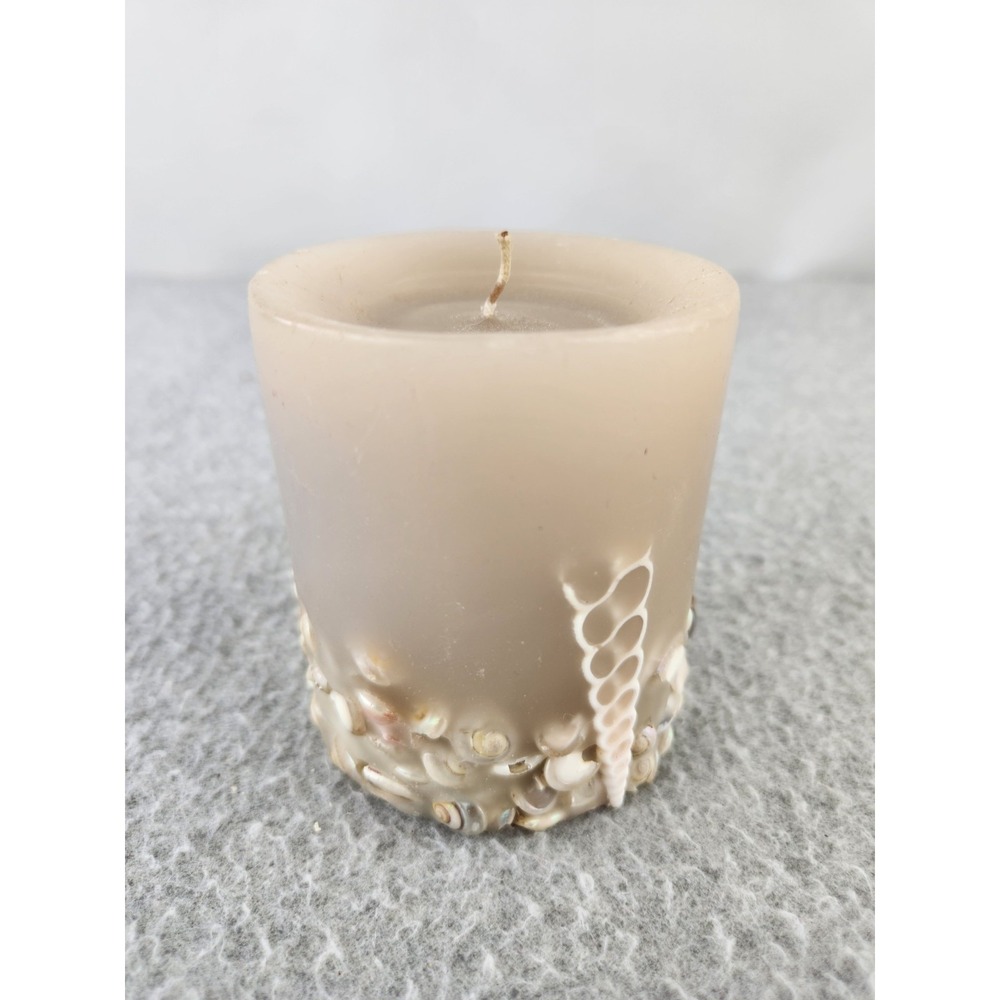 Vintage Sea Shell Pillar Candle Beige Tan Wax with Embedded Sea Shells 3.5‎ Inch